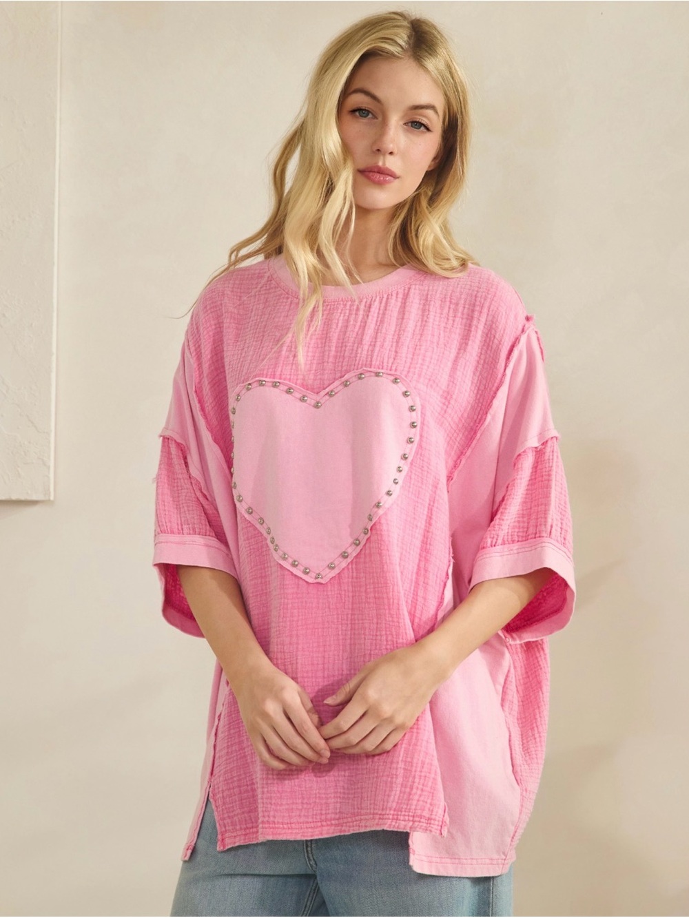 Easel Pink Heart Studded Gauze Top — NWT